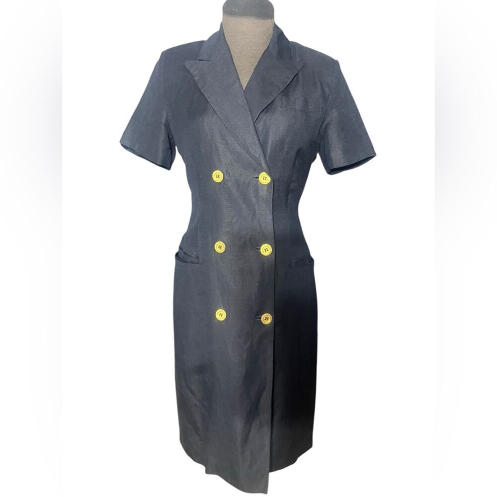 Vtg Linen Blend Old Money Double Breasted Navy Dress 6 Princess Diana Timeless